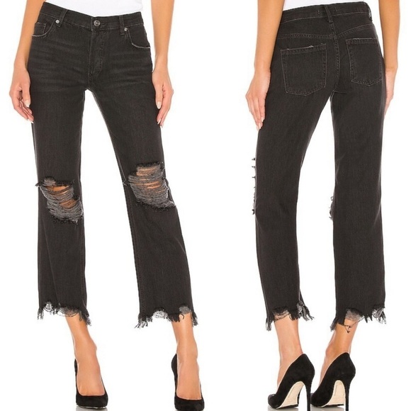 Free People We The Free Black Distressed Mid Rise Maggie Straight Jean Size 25 - Picture 1 of 7